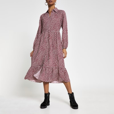 Red Long Sleeve Polka Dot Midi Shirt Dress | River Island