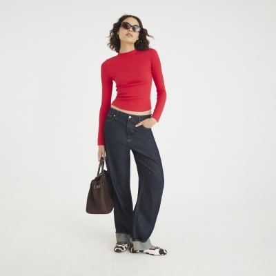 Red Long Sleeve Ribbed Crew Neck Top