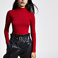 Red long sleeve roll neck knitted top