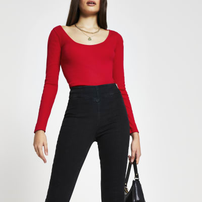 Red long sleeve scoop neck top | River Island