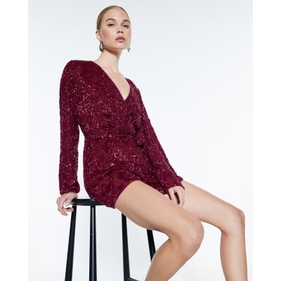 Red Long Sleeve Sequin Belted Playsuit