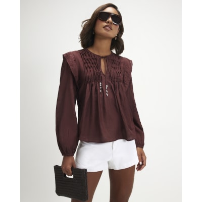 Long Sleeve Smocked Front Yoke Blouse