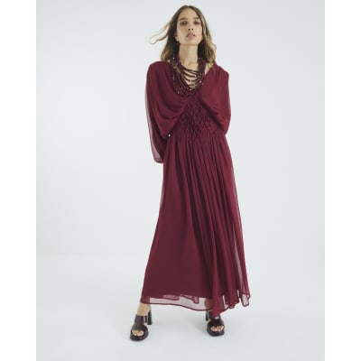 Red Long Sleeve Smocked Maxi Dress