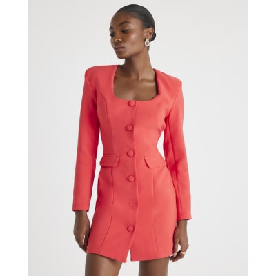 Red Long Sleeve Square Neck Mini Blazer Dress