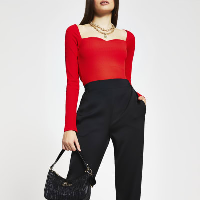 Red long sleeve sweetheart neckline top | River Island