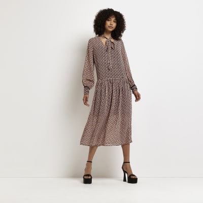Red long sleeve tie neck midi dress | River Island
