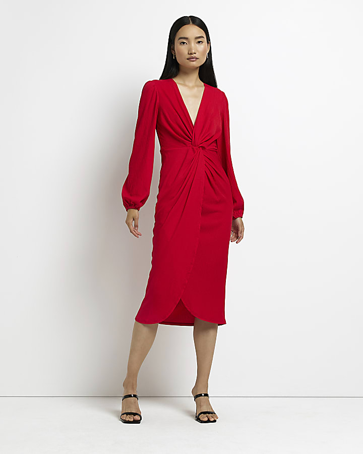 Red long sleeve twist midi dress