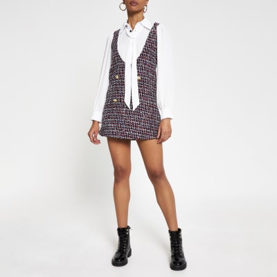Red long sleeve two in one boucle mini dress | River Island
