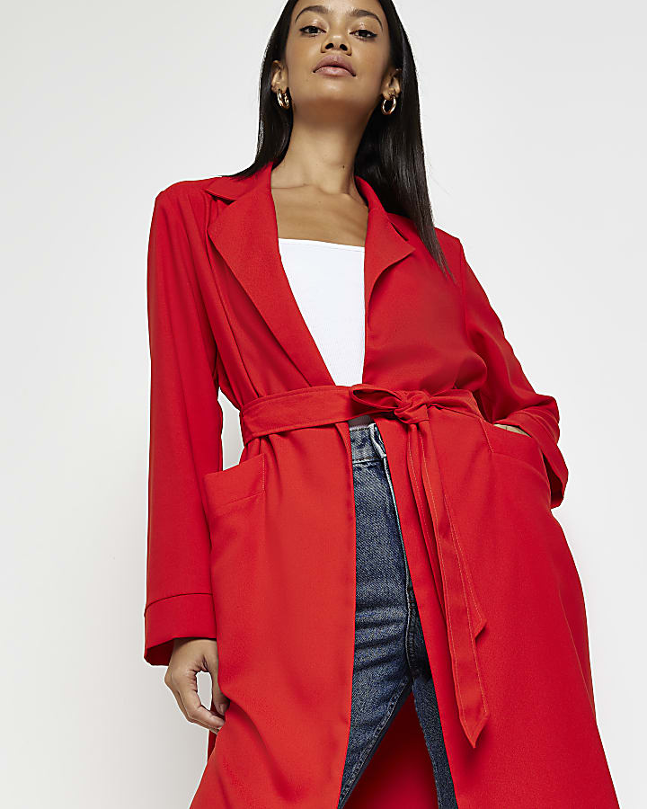 Red longline duster jacket | River Island