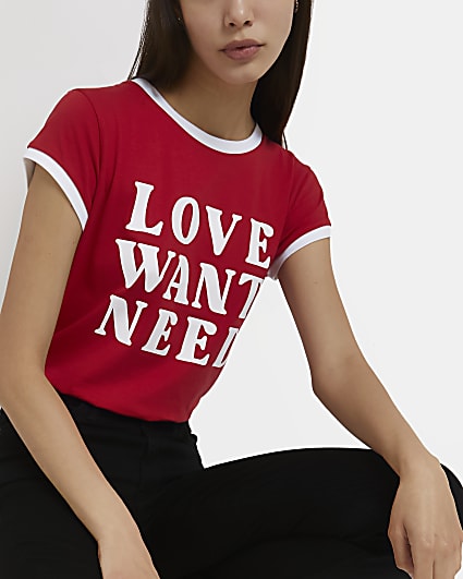 Red 'Love Want Need' graphic print t-shirt