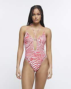 Red Mesh Layer Plunge Swimsuit