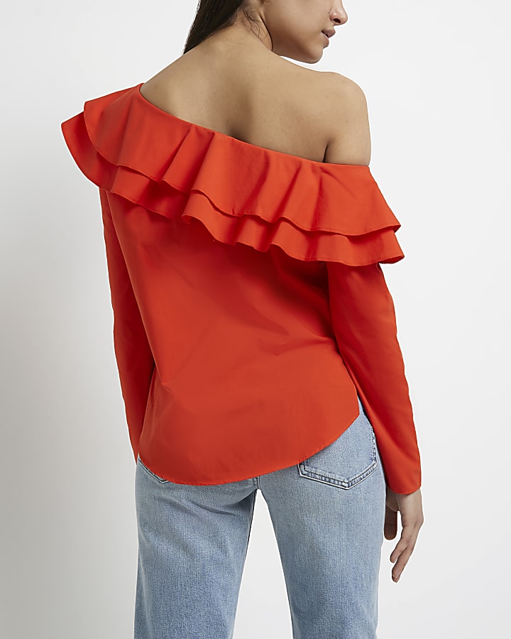 Red one shoulder frill top