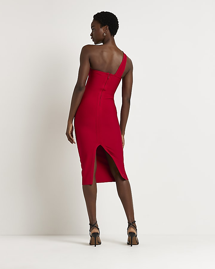 Red one shoulder midi dress