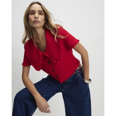 Red Oversized Collar Boucle Top