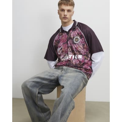 Red Oversized Fit Floral Mesh Rugby Shirt