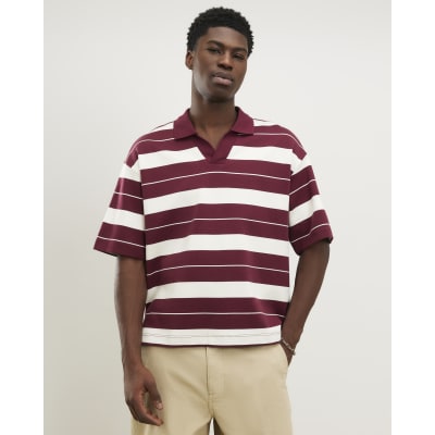 Red Oversized Fit Stripe Open Neck Polo Shirt
