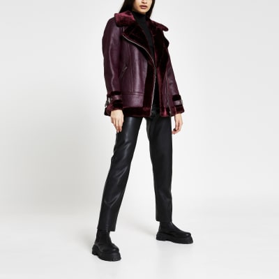 river island faux fur aviator jacket in black