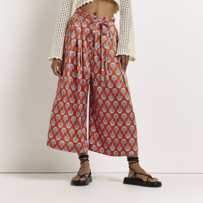 Red paisley pleated culottes | River Island