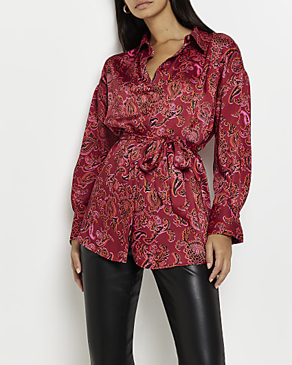 Red paisley satin belted shirt