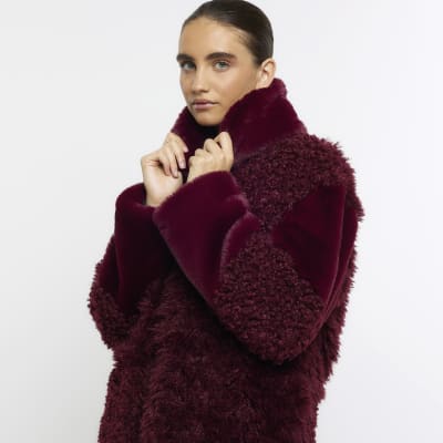 Red patchwork faux fur coat | River Island