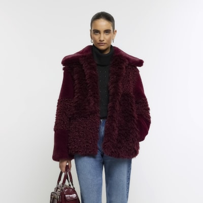 Red patchwork faux fur coat | River Island