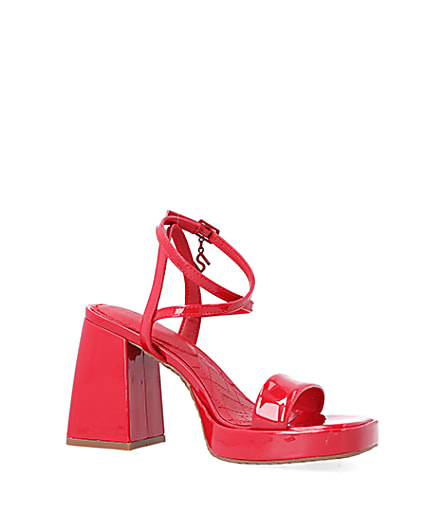 360 degree animation of product Red patent platform heeled sandals frame-20