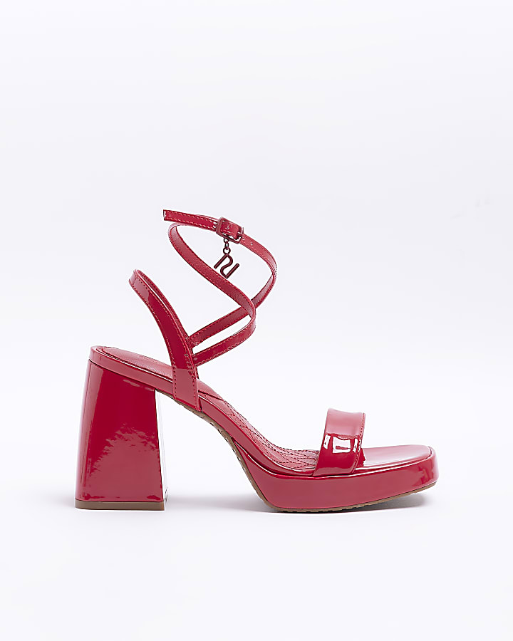 Red patent platform heeled sandals | River Island