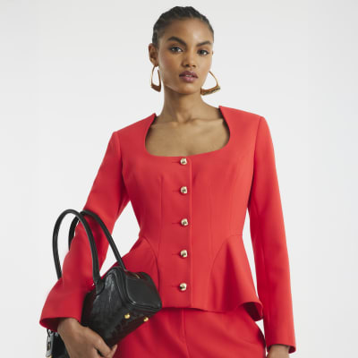 Red Peplum Button Front Blazer