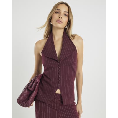 Red Pinstripe Halter Neck Top
