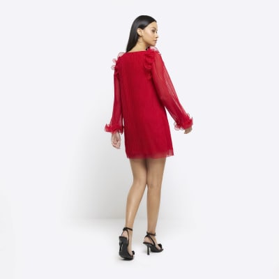 Red Plisse Frill Shift Mini Dress River Island