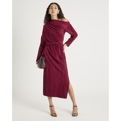 Red Plisse Long Sleeve Midi Dress