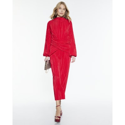 Red Plisse Long Sleeve Wrap Midi Dress