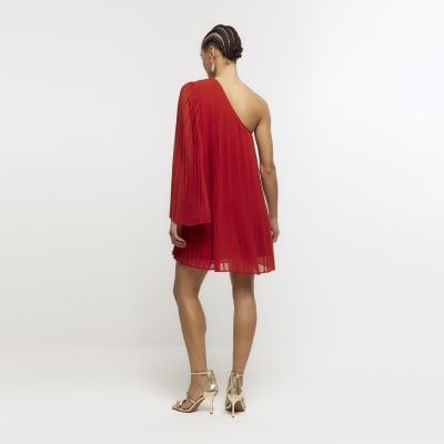 Red plisse one shoulder shift mini dress | River Island