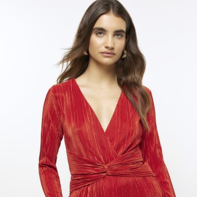 Red plisse plunge bodycon midi dress
