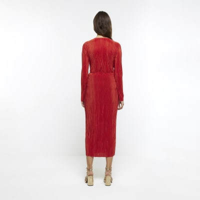 Red plisse plunge bodycon midi dress