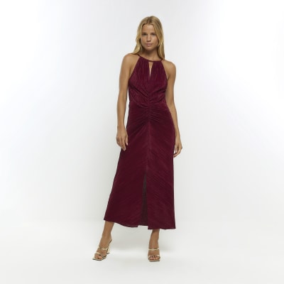 River island velvet plisse midi hot sale dress pink