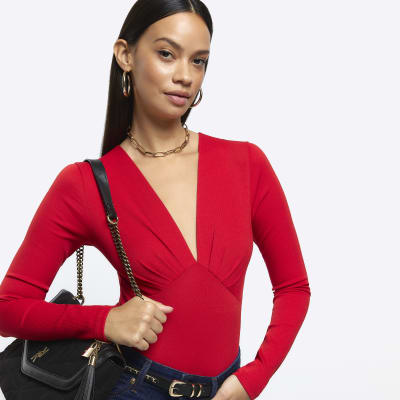 Red Plunge Long Sleeve Bodysuit River Island 