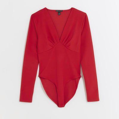 Red plunge long sleeve bodysuit