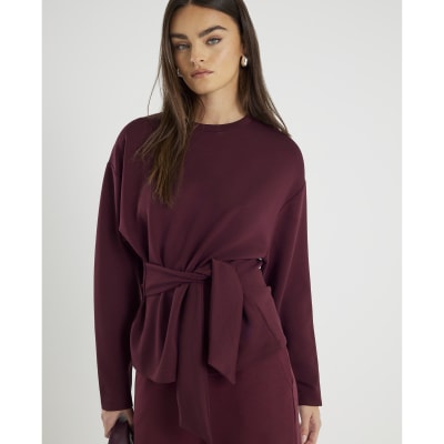 Red Premium Long Sleeve Tie Front Top