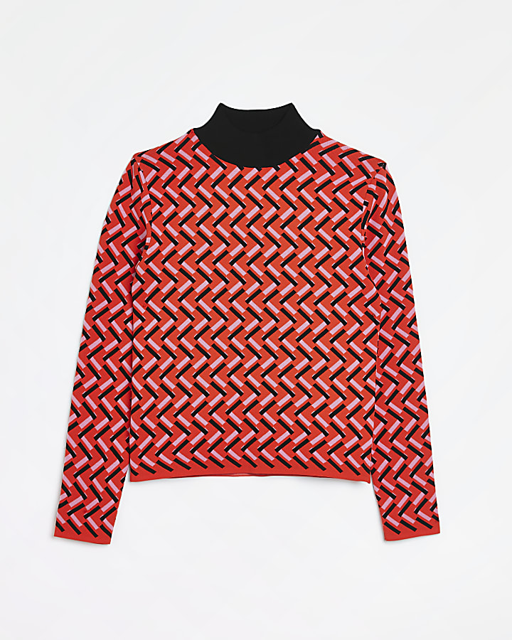 Red print knit long sleeve top