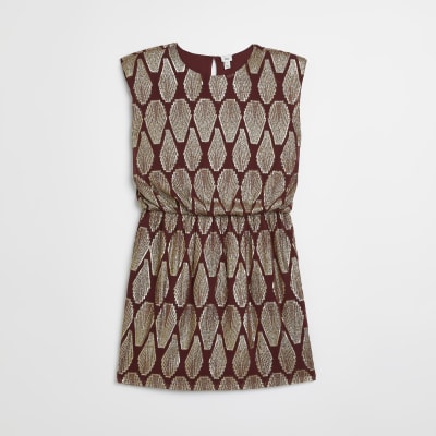 Red print shoulder pad shift mini dress