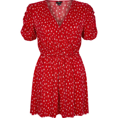 river island wrap playsuit in spot print