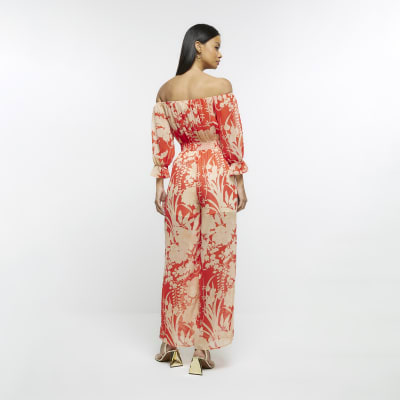 Red printed bardot jumpsuit River Island