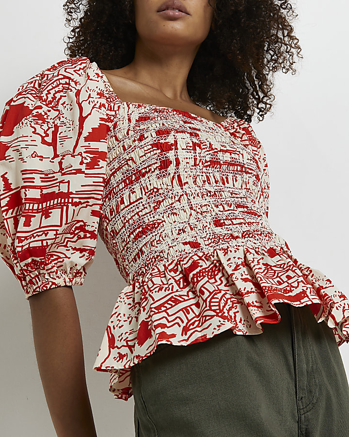 Red printed shirred blouse