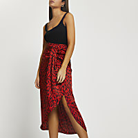 Red printed twist front midi skirt