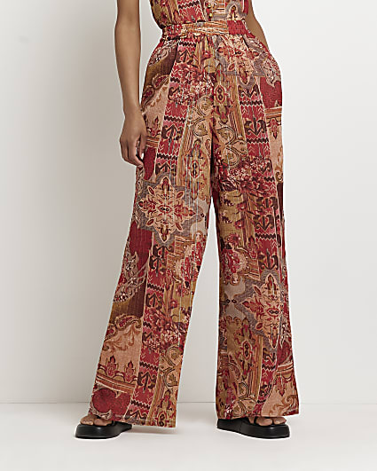 Red printed wide leg trousers