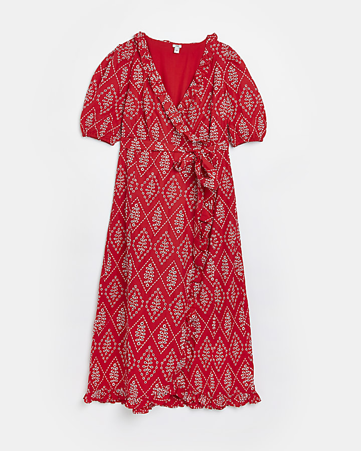 Red printed wrap midi dress