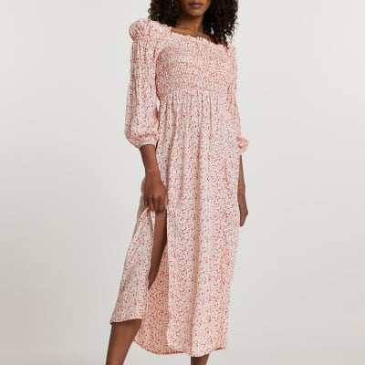 Red puff sleeve shirred maxi dress River Island