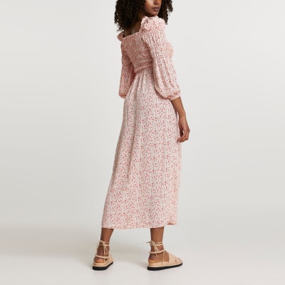 Red puff sleeve shirred maxi dress River Island