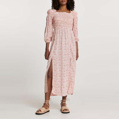 Red puff sleeve shirred maxi dress | River Island